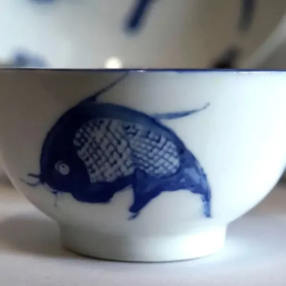 Blue and White Porcelain Carp/Koi Teapot Set with Cups and Serving Plate